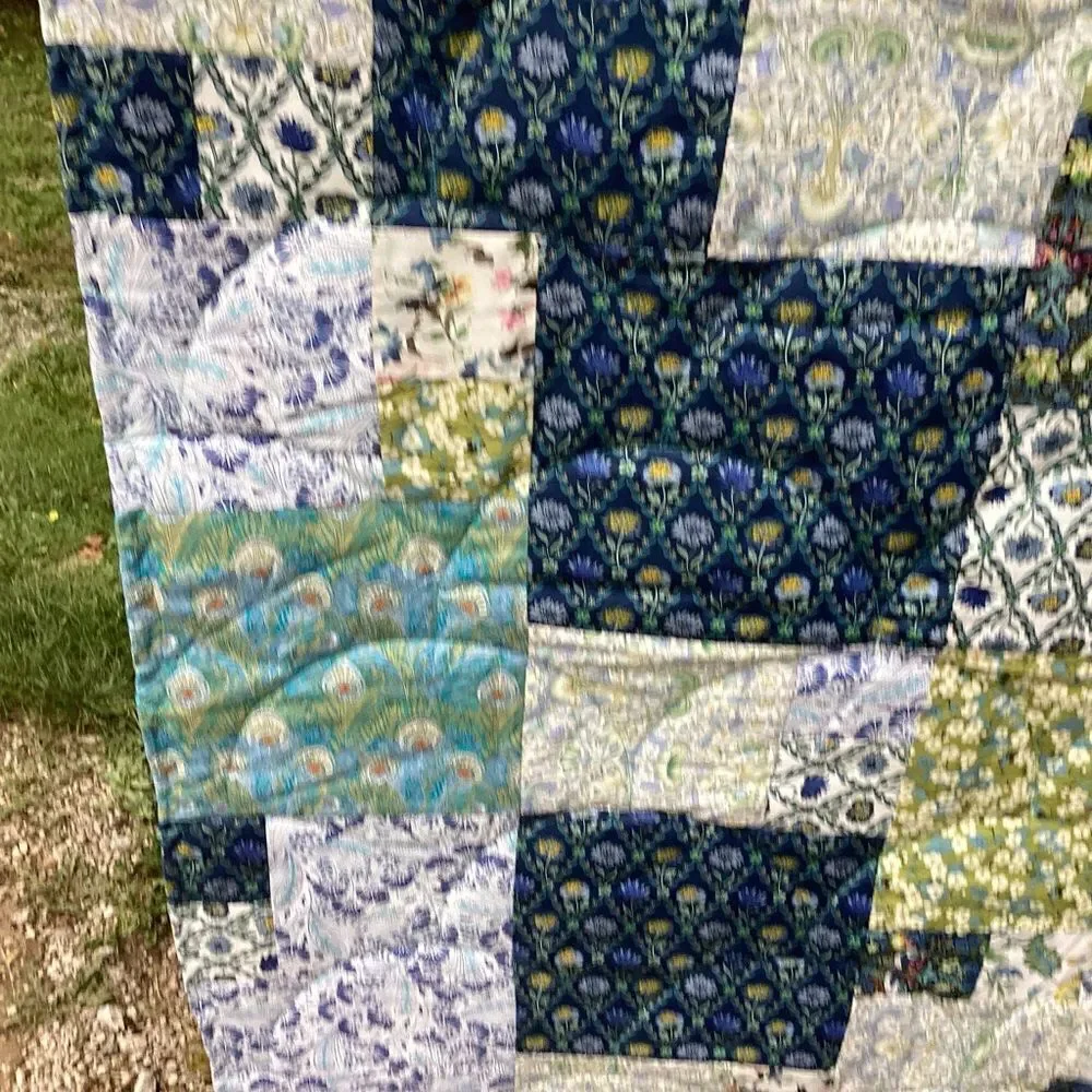 NWT. Hand Crafted Blues and Greens Gardens Quilt with Liberty Lawn Fabrics